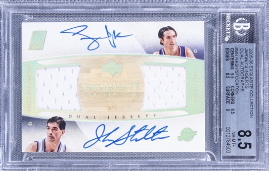 2005-06 UD "Exquisite Collection" Jerseys Inserts Dual Autographs #SN Steve Nash/John Stockton Signed Game Used Patch Card (#2/5) - BGS NM-MT+ 8.5/BGS 10 
